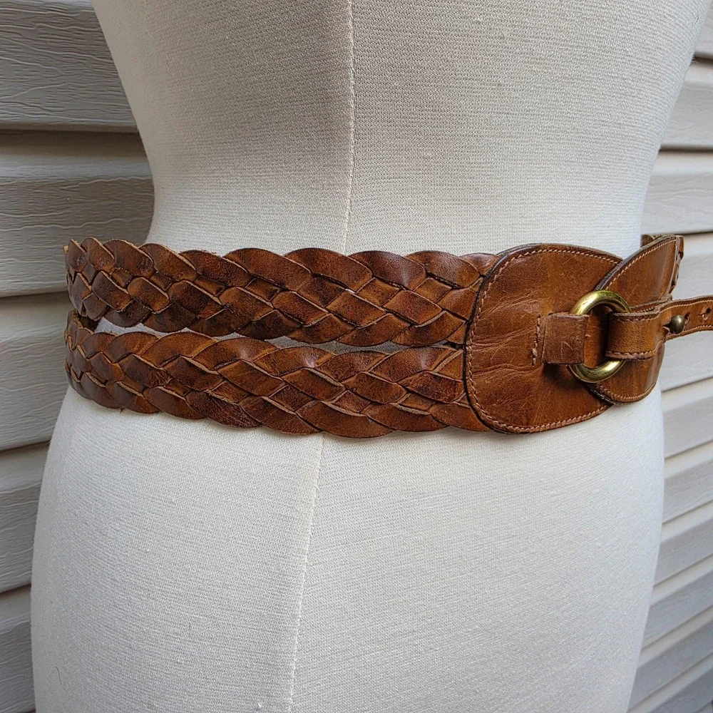 VTG Trafalgar Double Wrap Braided Leather Belt Womens XL Brown Boho Western USA